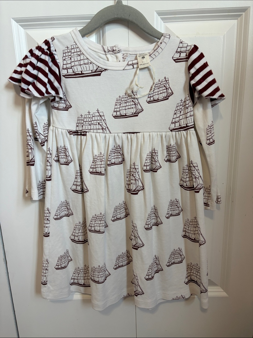 kate quinn Dress with Maroon Ship Print and Maroon-Striped Sleeves4t